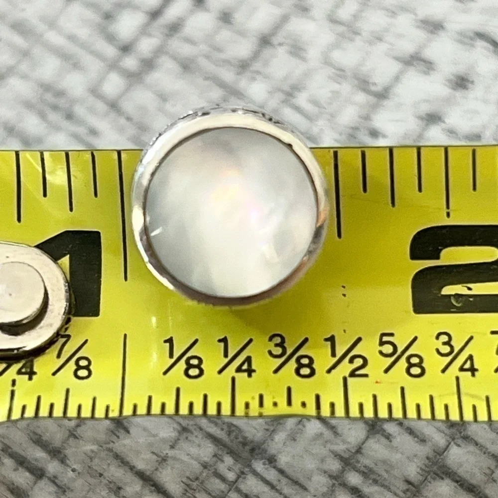 Sterling Silver Mother of Pearl Circular Stud Earrings with Antiqued Detail